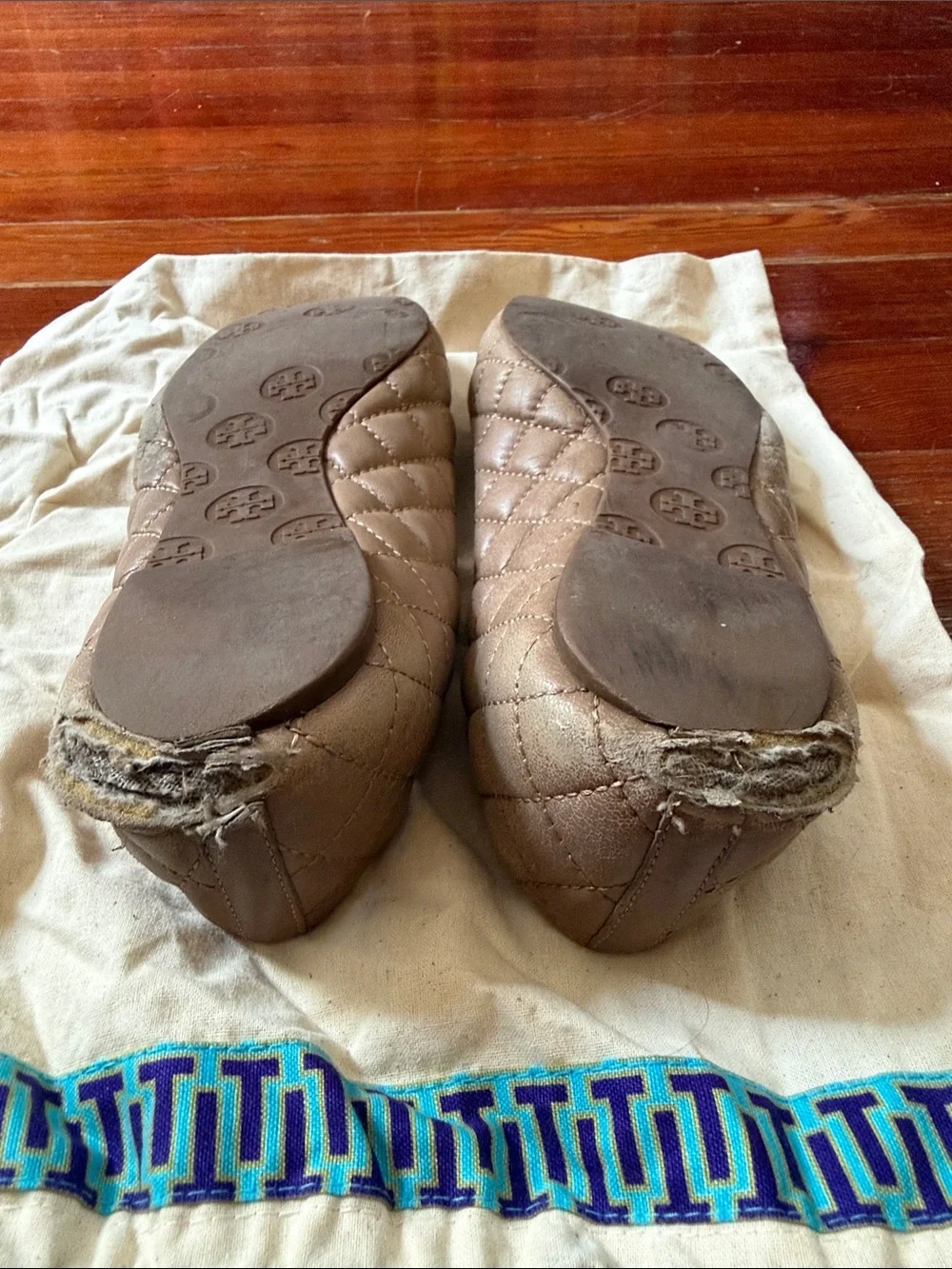 Tory Burch Tan Quilted Logo Cap-Toe Flats